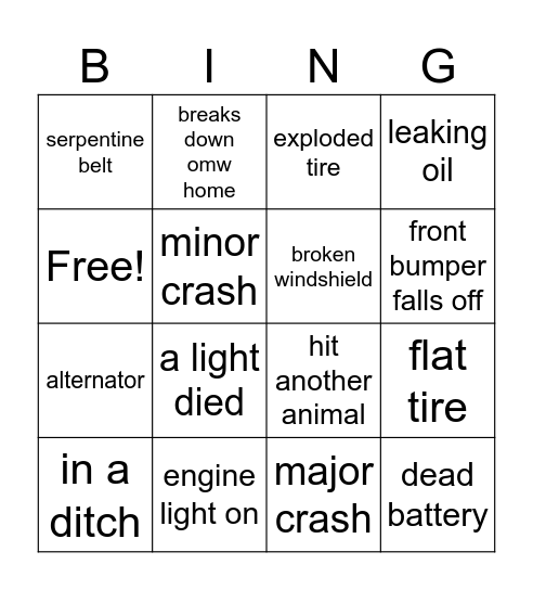 lauren’s car problems Bingo Card