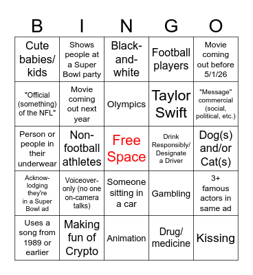 Super Bowl Commercial Bingo Card