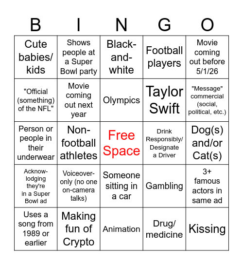 Super Bowl Commercial Bingo Card