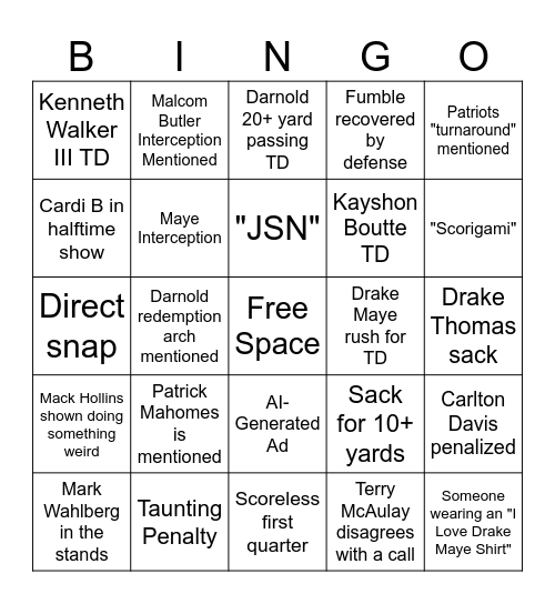 SUPER BOWL XL Bingo Card