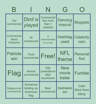 Super Bowl Bingo Card