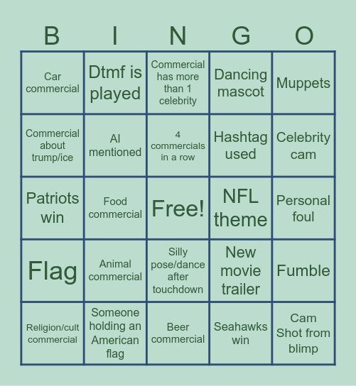 Super Bowl Bingo Card