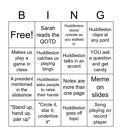 Huddleston Bingo Card