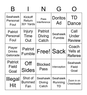 superbowl Bingo Card