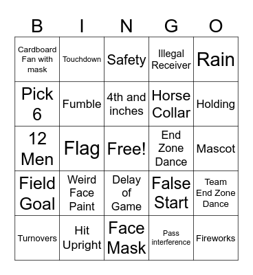 Super Bowl Game Bingo Card