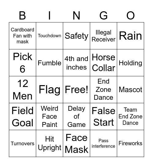 Super Bowl Game Bingo Card