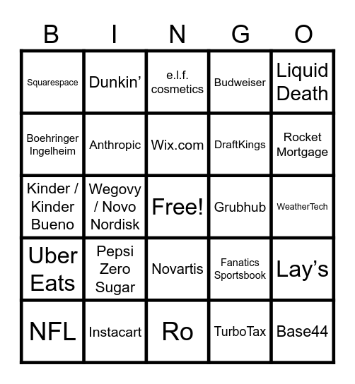 Super Bowl 2026 Bingo! Bingo Card