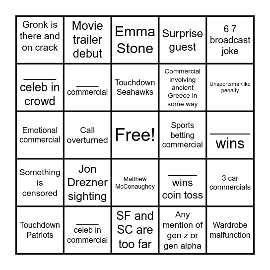 Super Bowl Bingo Card