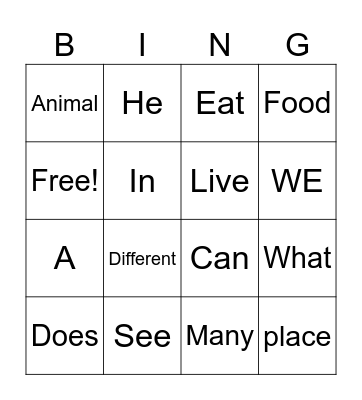 Sight Word Bingo Card