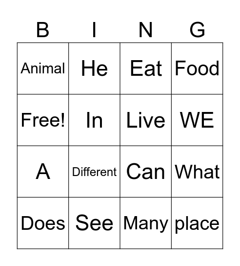 Sight Word Bingo Card