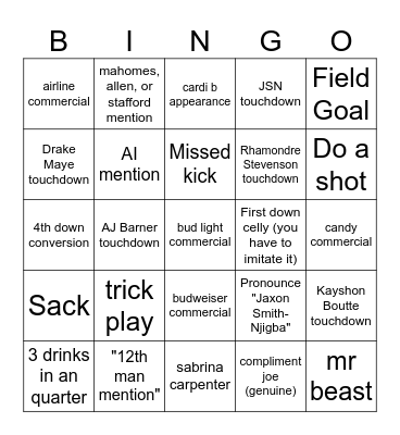 Super Duper Bowl Bingo Card