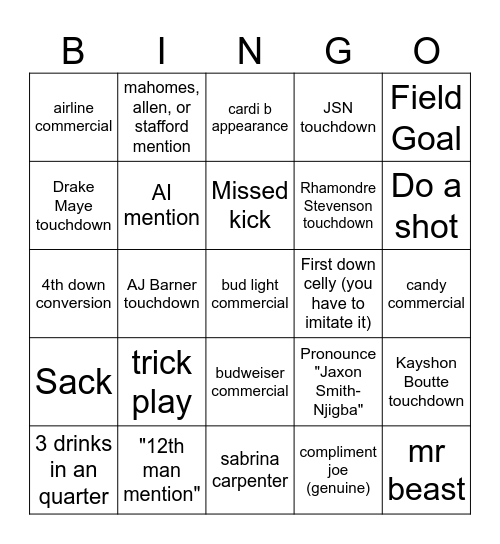 Super Duper Bowl Bingo Card