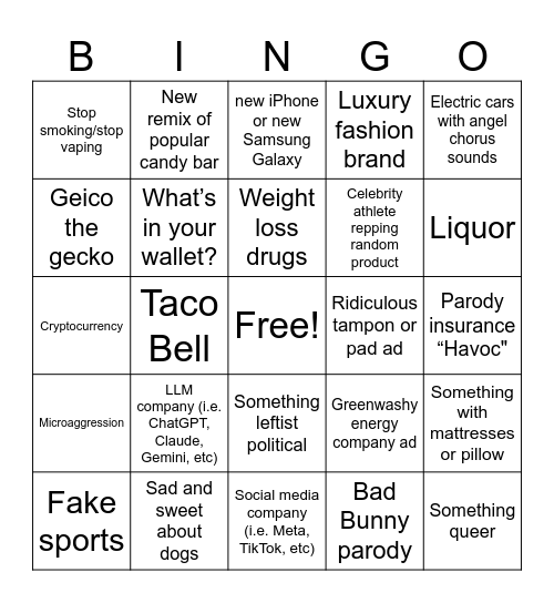 Superbowl Ads 2K26 Bingo Card