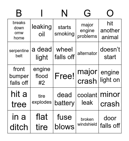 lauren’s car problems Bingo Card