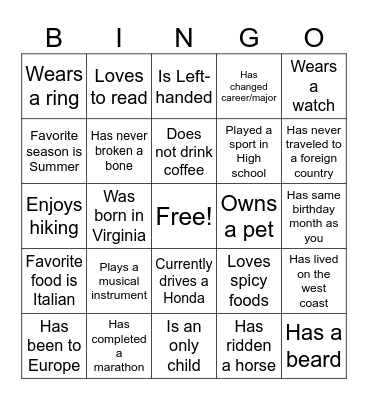 Young Adults Bingo Card