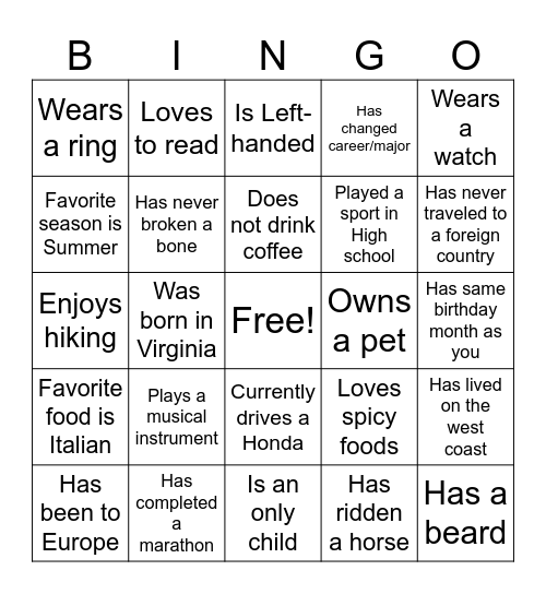 Young Adults Bingo Card