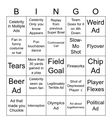 Super Bowl Bingo Card