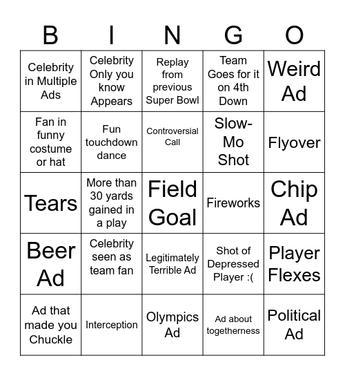 Super Bowl Bingo Card