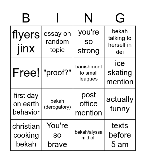 Bekah Bingo Card