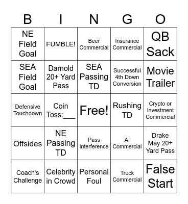 Super Bowl 2026 Bingo Card