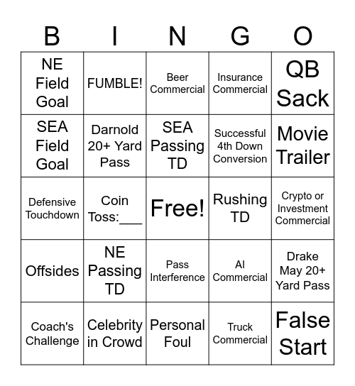 Super Bowl 2026 Bingo Card