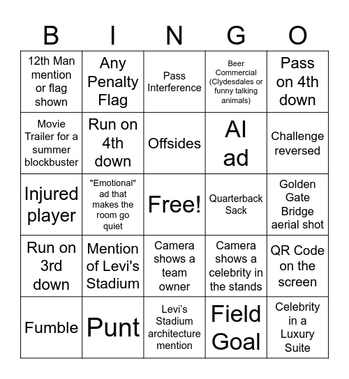 2026 Super Bowl Bingo Card