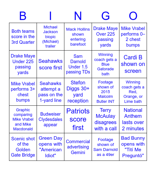 SB Prop Bet Bingo Card