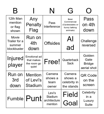 Super Bowl 2026 Bingo Card