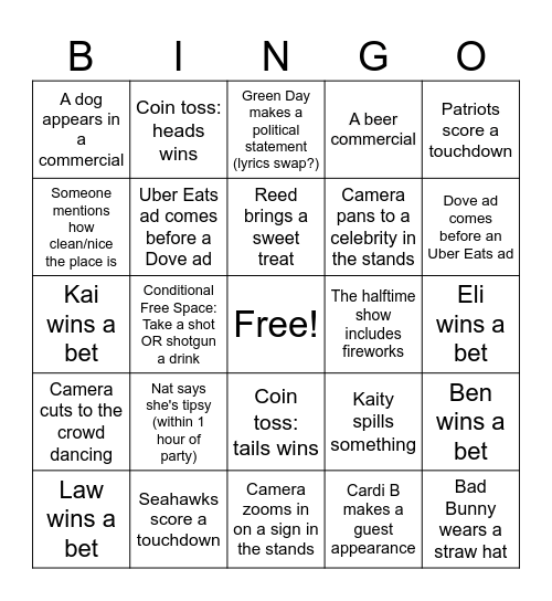 SUPER BOWL 2026 BINGO Card
