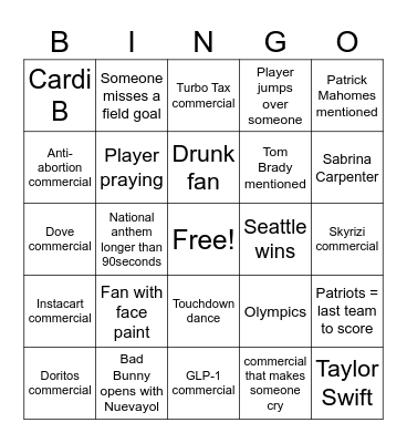 Super Bowl Bingo Card