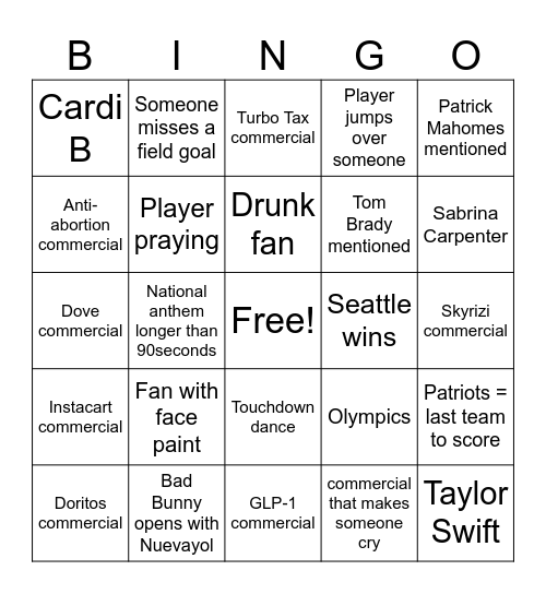 Super Bowl Bingo Card