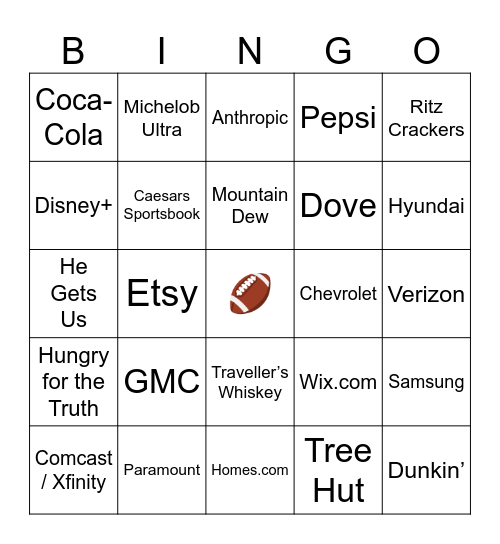 Super Bowl Commercial Bingo Card