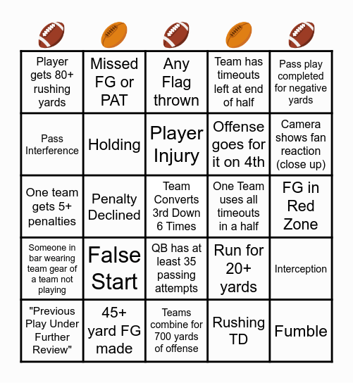 NFL Bingo Card