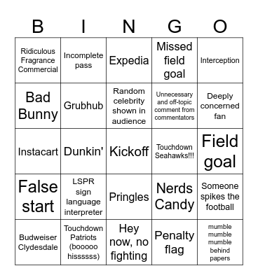 Super Bowl Bingo Card