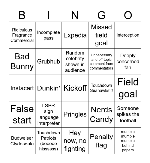 Super Bowl Bingo Card