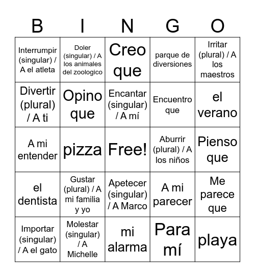 Gustar, verbos similares y términos de opinión Bingo Card