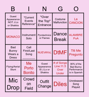 2026 SuperbOwl Bingo Card - Bad Bunny Bingo Card