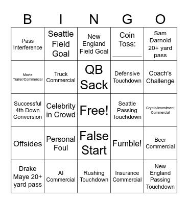 Super Bowl Bingo Card