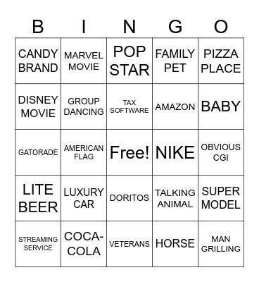 SUPER BOWL COMMERCIAL BINGO Card