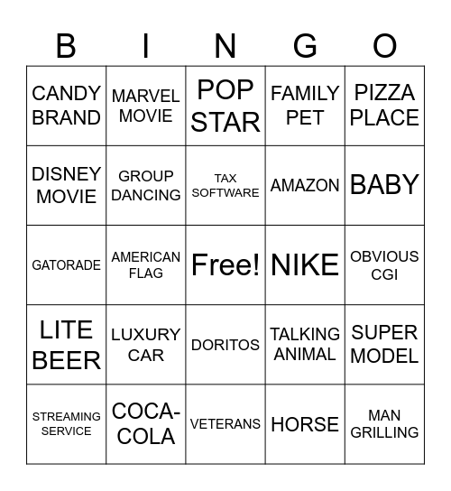 SUPER BOWL COMMERCIAL BINGO Card