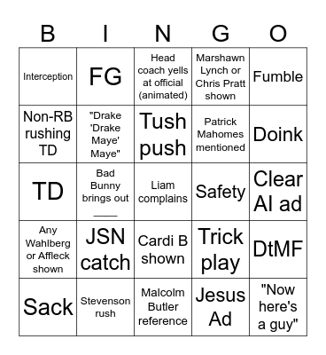 Super Bowl 60 Bingo Card