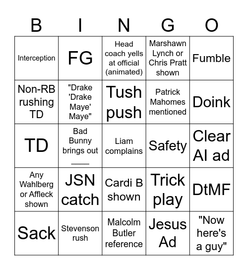 Super Bowl 60 Bingo Card