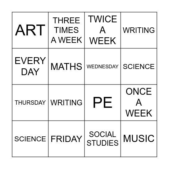 Anna and Sandy's Timetable Bingo Card