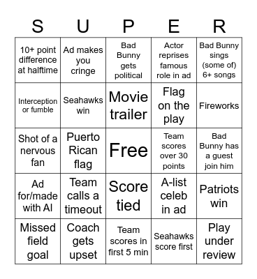 Super Bowl Bingo! Bingo Card