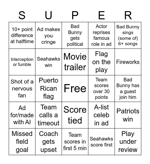 Super Bowl Bingo! Bingo Card