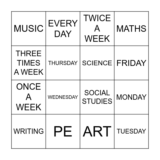 Anna and Sandy's Timetable Bingo Card