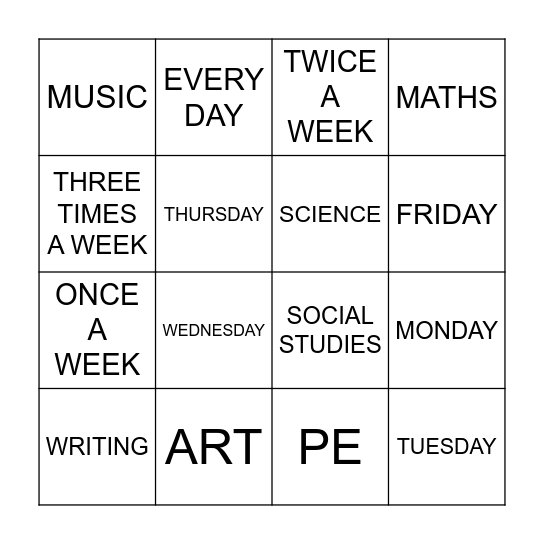 Anna and Sandy's Timetable Bingo Card