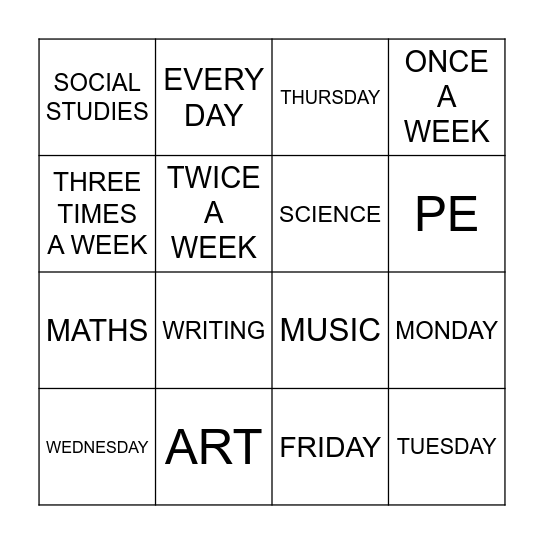 Anna and Sandy's Timetable Bingo Card