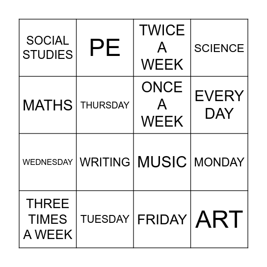 Anna and Sandy's Timetable Bingo Card