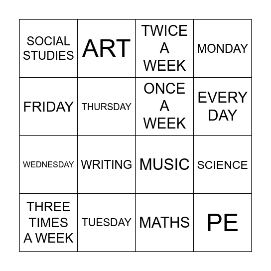 Anna and Sandy's Timetable Bingo Card